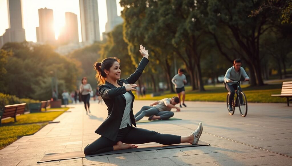 A busy urban park scene showcasing individuals engaging in brief physical activities amidst their hectic schedules. In the foreground, a woman in professional attire performs stretches on a yoga mat, exuding focus and determination. Nearby, a man in a casual sports outfit is doing push-ups on a park bench. The middle ground features joggers and cyclists weaving through the pathways, embodying an active lifestyle. The background is filled with trees and city skyscrapers, symbolizing the blend of nature and urban life. Soft sunrise lighting illuminates the scene, creating a vibrant and energizing mood. The angle is slightly elevated, capturing the dynamism of the moment while emphasizing the balance between work and health.