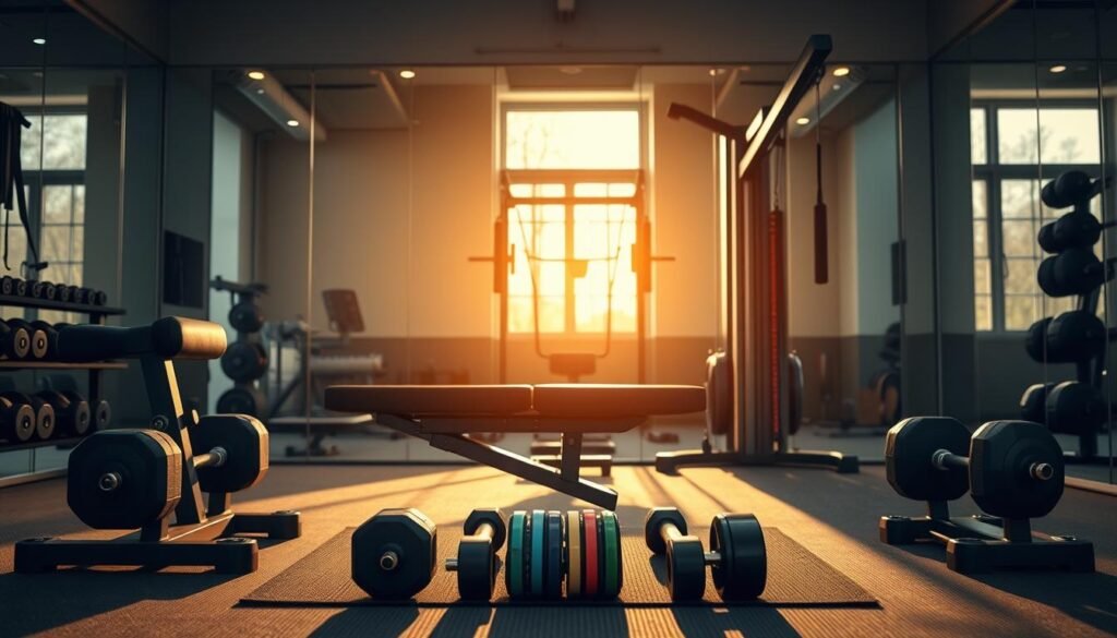 A modern home gym setup showcasing mid-range fitness equipment for muscle development. In the foreground, a sturdy adjustable weight bench with dumbbells and resistance bands neatly arranged on a rubber mat. In the middle ground, an ergonomic multi-functional cable machine featuring various attachments, all highlighted under warm, inviting lighting. The background features an expansive mirror reflecting the setup, enhancing the spacious feel of the gym. Soft natural light streams in from a large window, creating a bright and motivational atmosphere. The overall mood is energetic and inspiring, perfect for illustrating the concept of essential fitness tools for home workouts in 2025. The scene is designed to evoke a sense of empowerment and dedication to fitness.
