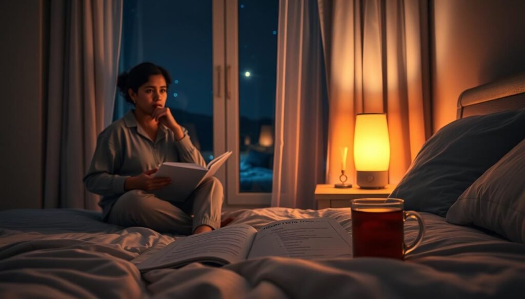 A serene bedroom scene at night, showcasing a cozy, inviting atmosphere that highlights the struggle of sleeplessness and the relief of calming techniques. In the foreground, a person in comfortable, modest pajama attire sits on the edge of the bed with a thoughtful expression, holding a notebook filled with sleep tips. In the middle, a bedside table with a lit, calming aroma lamp and a glass of warm herbal tea creates a soothing ambiance. The background features a softly lit window with curtains gently fluttering, a starry night sky visible outside. Soft, warm lighting enhances the peaceful mood, evoking a sense of relaxation and solution to sleep troubles, captured from a slight low angle to emphasize the tranquil environment.