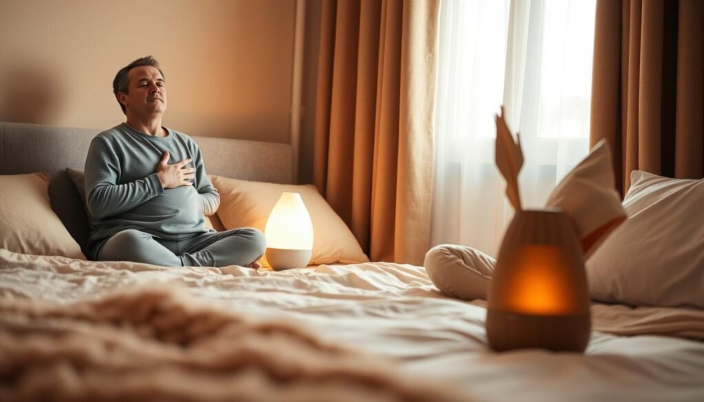 A serene, cozy bedroom setting designed for relaxation and sleep. In the foreground, a comfortable bed with soft, inviting pillows and a warm, fluffy blanket. A person in modest, casual clothing is peacefully practicing the 4-7-8 breathing technique, seated on the edge of the bed with their eyes closed, inhaling deeply. In the middle ground, a softly glowing bedside lamp emits a gentle light, complemented by a calming aroma diffuser releasing a thin mist. The background features plush curtains drawn partially open, allowing soft, natural light to filter in. Warm, earthy tones create a tranquil atmosphere, evoking a sense of calm and relaxation. The overall mood is peaceful and inviting, perfect for promoting restful sleep and relaxation techniques.