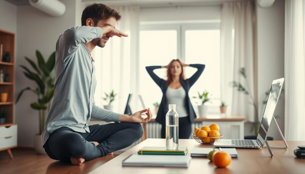 A serene indoor setting highlighting a modern workspace, where a health-conscious individual is engaged in a small but impactful change to their daily routine. In the foreground, the person, wearing comfortable yet professional attire, is practicing mindfulness through yoga or stretching, showing focus and tranquility. In the middle, a well-organized desk features fruits, a water bottle, and a planner, symbolizing healthier choices. The background contains a bright window with natural light streaming in, plants adding a touch of greenery, and minimalistic decor to create a peaceful atmosphere. The mood is uplifting and motivating, emphasizing simplicity in building sustainable healthy habits. The composition captures a blend of productivity and well-being, inviting the viewer to reflect on their own routines.