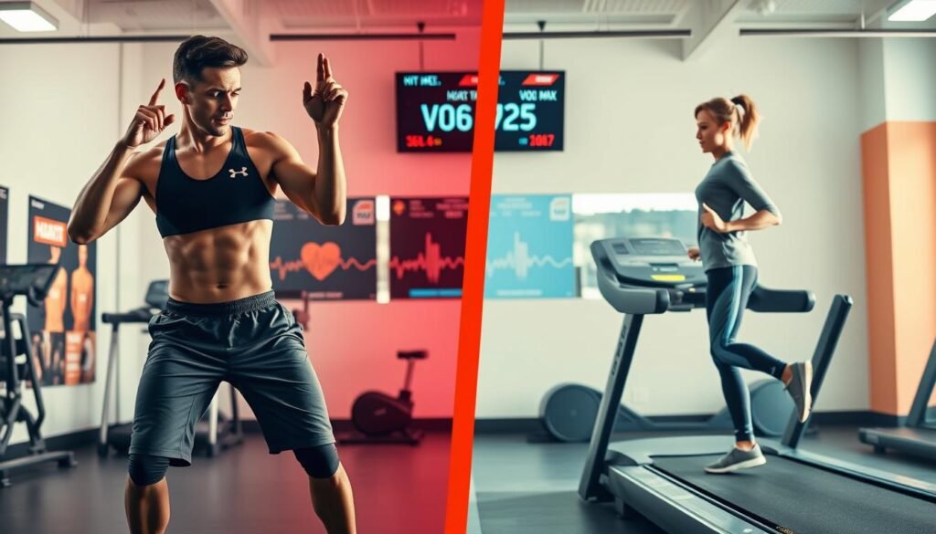 A split scene illustrating the comparison between HIIT and steady cardio for VO2 max improvement. In the foreground, a fit individual in modest athletic wear performs a high-intensity interval training (HIIT) exercise, engaging dynamically with visible intensity and focus. On the opposite side, another person in casual athletic clothing is depicted doing steady-state cardio on a treadmill at a steady pace, exuding a calm and focused demeanor. The middle ground features a vibrant gym setting with modern equipment and motivational posters. In the background, a large digital display shows heart rate and VO2 max numbers, subtly highlighting the differences in workout intensity. The lighting is bright and energetic, with a slightly warm tone to create an inviting atmosphere. The angle is slightly elevated, capturing both subjects in action, emphasizing their contrasting workout methods.