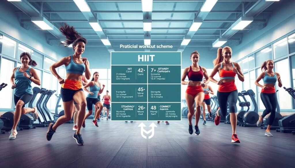 A vibrant and engaging illustration of a practical workout scheme for various fitness levels. In the foreground, a diverse group of individuals in professional sports attire engages in different exercises, showcasing HIIT and steady cardio routines: sprinting, jumping, and performing bodyweight workouts. The middle ground features a clear chart or diagram with labeled sections highlighting the structure of a 7-minute HIIT and a 45-minute steady cardio session, emphasizing their VO2 max improvement. The background captures a bright, modern gym environment with well-lit equipment and a motivational atmosphere. Use soft, dynamic lighting to enhance energy, and a slightly elevated angle to provide a comprehensive view of the workout scheme and participants in action. The mood is energetic and inspiring, appealing to fitness enthusiasts of all levels.