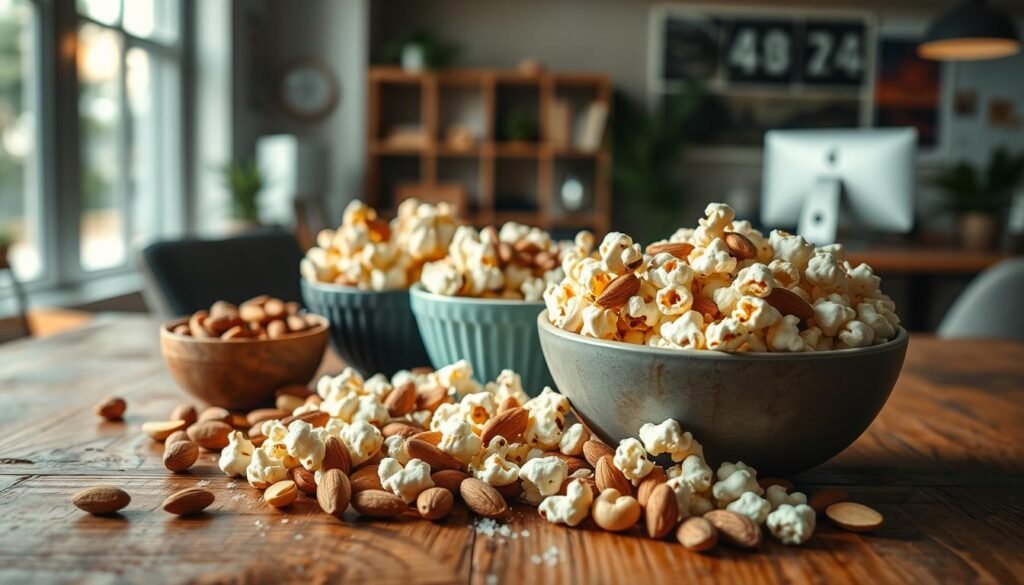 A vibrant assortment of healthy snacks featuring freshly popped popcorn mixed with various nuts like almonds, cashews, and peanuts, arranged artfully on a rustic wooden table. In the foreground, a stylish bowl of popcorn glistens with a light sprinkle of sea salt, while colorful nuts are scattered around, creating a visually appealing contrast. In the background, a soft-focus office environment hints at an inviting workspace with a warm, natural light streaming in through a window, casting gentle shadows. The atmosphere is cozy and energetic, evoking a sense of enthusiasm for healthy snacking. Capture this scene with a slightly overhead angle using a soft lens to enhance the colors and textures, giving a mouthwatering appeal to the healthy snack concept.