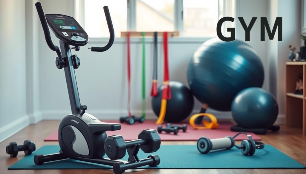 A well-equipped beginner home gym scene, showcasing essential fitness equipment for novices. In the foreground, a compact multi-functional exercise machine with a sleek design and adjustable features, accompanied by a pair of dumbbells and a yoga mat. In the middle, a neatly arranged set of resistance bands and a stability ball, emphasizing variety and accessibility for beginners. The background features a light-filled room with soft natural lighting coming through a window, enhancing the inviting atmosphere. The color palette is bright and motivational, with soft tones of blue and green. No people are present, ensuring focus on the equipment as vital components of a beginner's fitness journey. The overall mood is encouraging and energetic, perfect for inspiring new fitness enthusiasts.