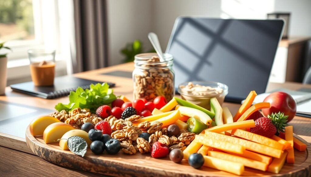 A well-organized office desk featuring healthy snack options for a work environment. In the foreground, a vibrant assortment of nutritious snacks like fresh fruits (apples, berries), mixed nuts, and crunchy vegetable sticks arranged neatly on a wooden platter. In the middle, a glass jar filled with homemade granola sits alongside a small bowl of hummus. Behind these, an elegant, modern laptop and a stylish notepad hint at productivity. The background reveals a bright, airy office space with natural light streaming in through a window, casting soft shadows on the desk. The mood is fresh and inviting, promoting a sense of wellbeing and productivity. The scene captures the essence of healthy snacking in a professional setting without any distractions or text.