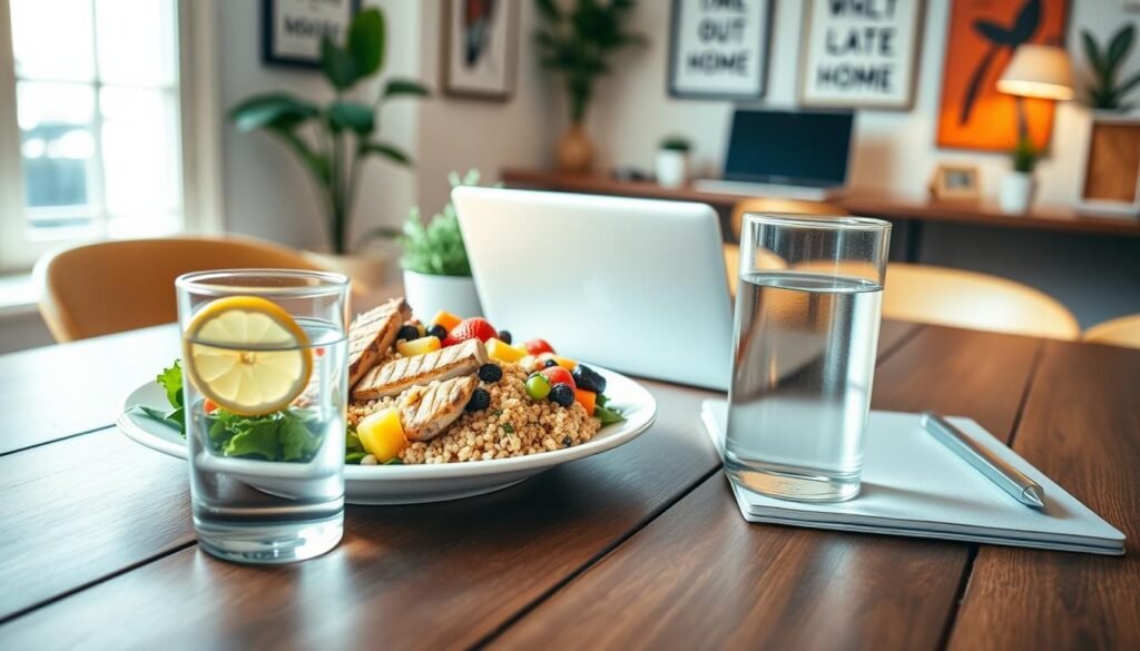 A beautifully arranged healthy meal on a stylish wooden dining table, showcasing a vibrant plate filled with a colorful salad, grilled chicken, quinoa, and fresh fruits. In the foreground, a glass of water with a slice of lemon adds a refreshing touch. The middle ground features a laptop and a notebook, conveying a work-from-home atmosphere, surrounded by a few plants for a cozy feel. Soft, natural lighting illuminates the scene, creating a warm and inviting mood. The background reveals a well-organized home office with motivational artwork on the walls. The overall composition should emphasize the essence of healthy eating while working from home, encouraging a balanced lifestyle. A beautifully arranged healthy meal on a stylish wooden dining table, showcasing a vibrant plate filled with a colorful salad, grilled chicken, quinoa, and fresh fruits. In the foreground, a glass of water with a slice of lemon adds a refreshing touch. The middle ground features a laptop and a notebook, conveying a work-from-home atmosphere, surrounded by a few plants for a cozy feel. Soft, natural lighting illuminates the scene, creating a warm and inviting mood. The background reveals a well-organized home office with motivational artwork on the walls. The overall composition should emphasize the essence of healthy eating while working from home, encouraging a balanced lifestyle.