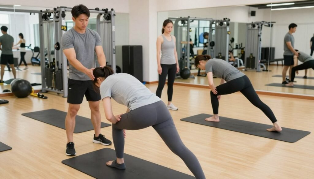 A fitness instructor demonstrating incorrect stretching techniques in a bright, well-lit gym setting. The foreground features a person in modest athletic wear awkwardly attempting a hamstring stretch, showing signs of strain. In the middle ground, two other individuals observe, one showing correct form while the other makes a common mistake, such as overextending or bouncing. The background displays gym equipment and large mirrors reflecting the scene. Use natural lighting to create an inviting atmosphere, and capture the image from a slightly elevated angle to emphasize the differences in stretching techniques. The mood should be educational and engaging, showcasing common pitfalls in a relatable and visually informative way.