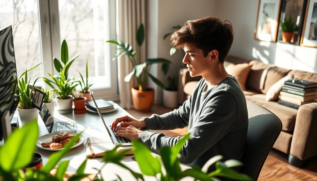 A serene home office setting promoting mental well-being. In the foreground, a young adult in comfortable but professional casual clothing sits at a desk, focused on a laptop, surrounded by houseplants. The middle layer features an organized workspace with a balanced atmosphere, including a plate of healthy snacks and a journal open for notes. Natural light streams in through a large window, casting soft shadows across the room. In the background, a cozy couch with cushions and a stack of books emphasizes relaxation and balance. The overall mood is calm and productive, encouraging a sense of harmony between work and personal life, reflecting the importance of mental health while working from home. A serene home office setting promoting mental well-being. In the foreground, a young adult in comfortable but professional casual clothing sits at a desk, focused on a laptop, surrounded by houseplants. The middle layer features an organized workspace with a balanced atmosphere, including a plate of healthy snacks and a journal open for notes. Natural light streams in through a large window, casting soft shadows across the room. In the background, a cozy couch with cushions and a stack of books emphasizes relaxation and balance. The overall mood is calm and productive, encouraging a sense of harmony between work and personal life, reflecting the importance of mental health while working from home.