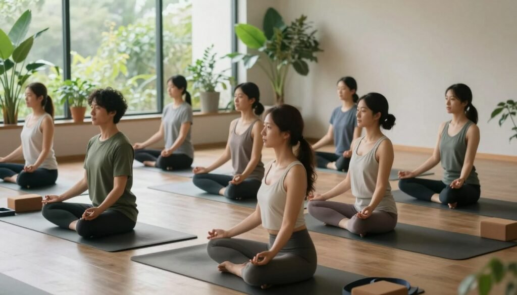 A serene indoor yoga studio setting with soft, natural light filtering through large windows, illuminating a calm atmosphere. In the foreground, a diverse group of individuals in professional, modest athletic attire are practicing the "Bound Angle" stretch. They sit on yoga mats, feet together and knees gently falling out to the sides, displaying varying degrees of flexibility. In the middle ground, a soothing color palette of greens and earth tones enhances focus, while yoga props like blocks and straps are strategically placed. The background features lush indoor plants and a tranquil, minimalist decor. The overall mood conveys relaxation, mindfulness, and the importance of flexibility for hip and inner thigh muscles.